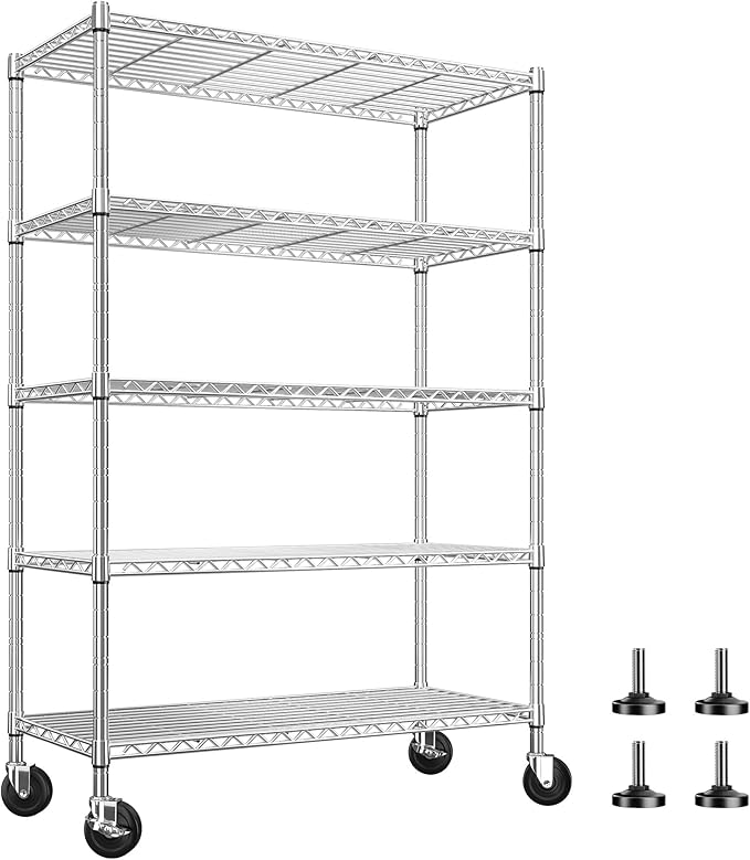 REIBII 73''H Storage Shelves 1660LBS Wire Shelving Unit with Wheels 5 Tier Metal Shelving,Heavy Duty Metal Shelves for Storage Rack,Commercial Industrial for Garage Kitchen 73''HX35''WX15''D,Chrome
