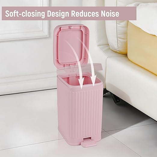 rejomiik Small Bathroom Trash Can with Lid Slim Soft Close Garbage Can Step Wastebasket Container Trash Bin for Office Bedroom Kitchen Living Room 1.9 Gallon Pink