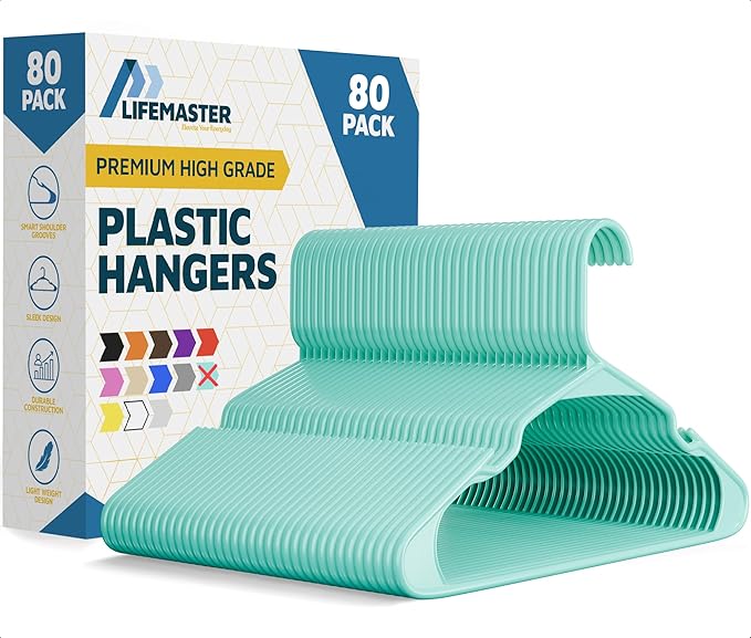 Lifemaster Plastic Clothes Hangers – Heavy Duty Hanger Set, for Organizing Clothes, Dresses, and Coat, Holds Up to 5 lbs, Space-Saving Hangers with Non-Slip Shoulder Grooves, Pack of 80, Aqua