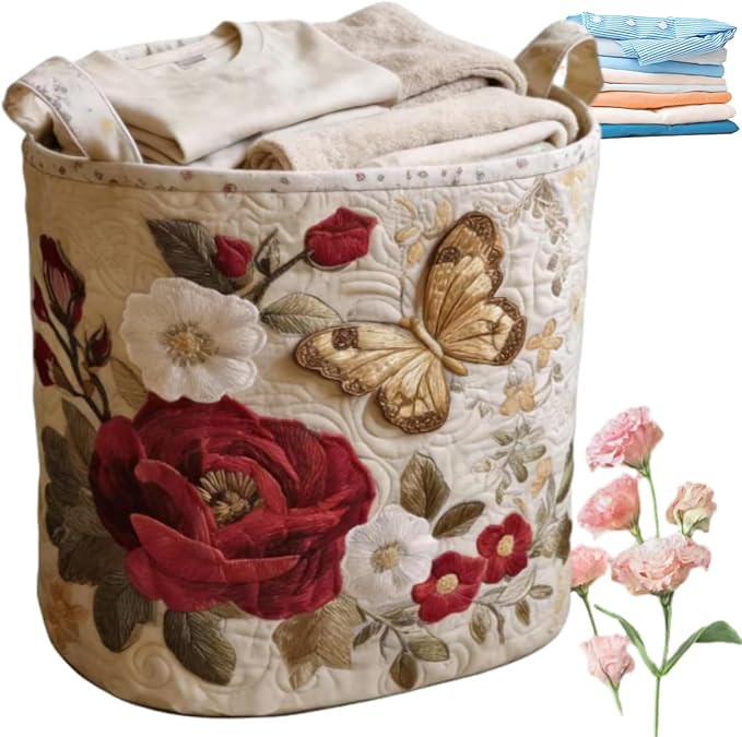 Quilted Laundry Basket with Handles, Boho Floral Fabric Storage Hamper, Large Soft Quilted Laundry Basket for Nursery, Bedroom, Laundry Room,Clothes & Toys (D, M)