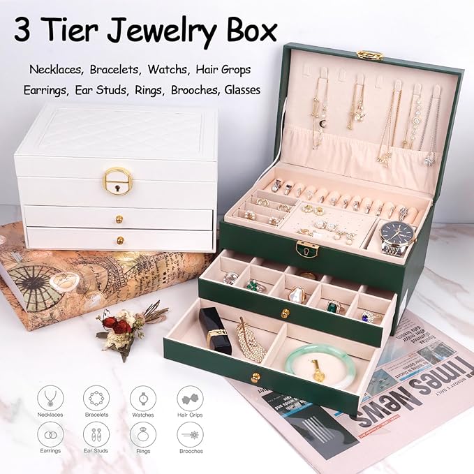 3 Layer Jewelry Box Organizer with Drawers, Lockable PU Leather Jewelry Storage Case for Mothrer's Day gifts Necklace Earring Ring Bracelet Watch, White