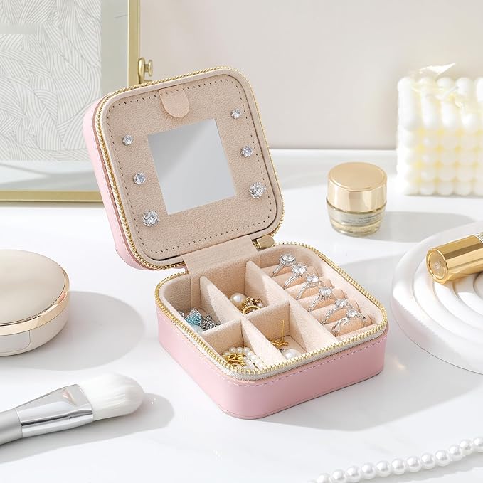 Genuine Leather Travel Jewelry Case Organizer with Mirror for Women, Small Jewelry Box Portable Mini Jewelry Case for Earring, Ring, Necklace, Bracelet(Pink)