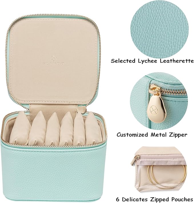 VLANDO Travel Jewelry Box Organizer – Portable PU Leather Jewelry Case with 6/8/12 Zippered Pouches, Compact Storage for Earrings Rings Necklaces Bracelets, Aqua Blue