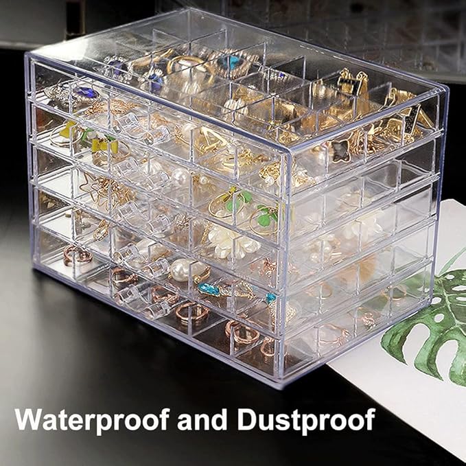 QIYUSHRY Earring Storage Box Acrylic Jewelry Storage Holder Ring Clear Plastic Transparent Jewelry Display Stand with 5 Drawers 120 Small Compartment Tray for Women Girls
