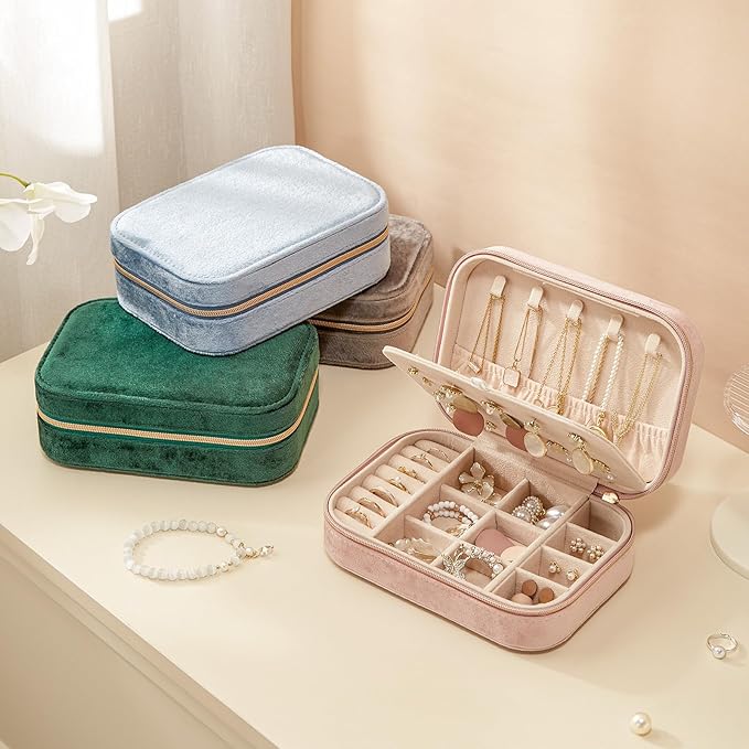 CASEGRACE Plush Velvet Travel Jewelry Box, Portable Jewelry Case for Women Girls, Double Layer Jewelry Organizer Display Box for Necklace Earring Rings Bracelet, Travel Accessory Gifts, Pink