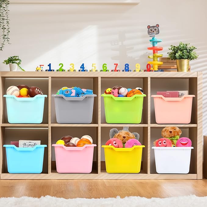 Dandat 16 Pcs Plastic Book Bins for Classroom Library Cubby Bins Scoop Front Stackable Toy Storage Tubs Containers for School Office Home Nursery Playroom Organization(Candy Color)