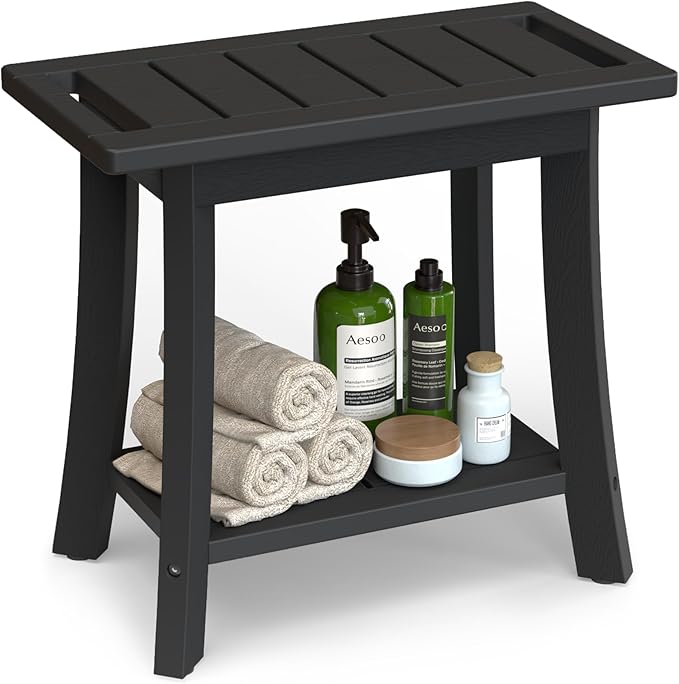 HIPS Shower Bench Inside Shower Stool with Storage Shelf, Waterproof Spa Bath Chair for Bathroom, Seat or Organizer for Living Room, Bedroom - Great for All Ages Unisex Elderly (Medium, Black)