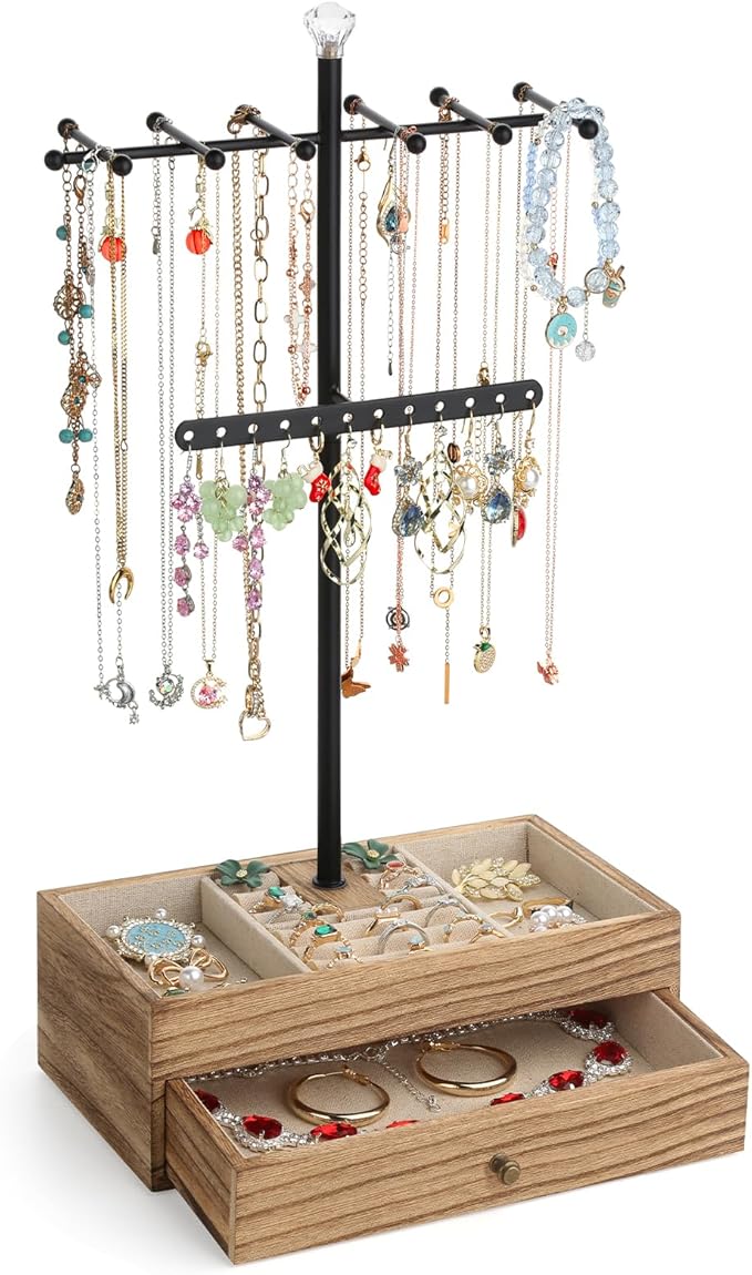 Meangood Jewelry Organizer Stand, 3-Tier Necklace Holder Jewelry Tree with Wooden Storage Drawer Box for Necklace Bracelet Earring Ring, Carbonized Black