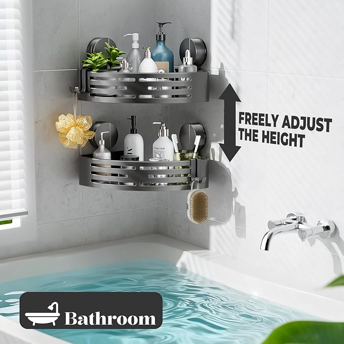 ONXE Suction Cup Shower Caddy,No Drilling Corner Shower Shelves Heavy Duty,Shower Organizer with Hooks,Rustproof Waterproof Space Aluminum Bathroom Storage,Home Accessories Decor