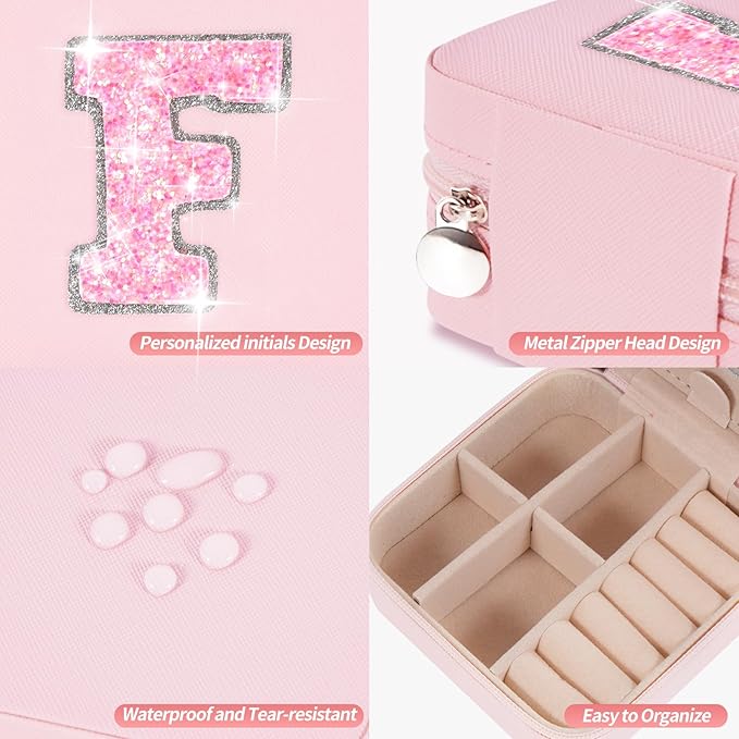 Uygafly Personalized Jewelry Case for Women Girls - Fashion Mini Jewelry Boxes - Trendy Travel Jewelry Organizer with Initials Letter - Teen Gifts | Pink,F