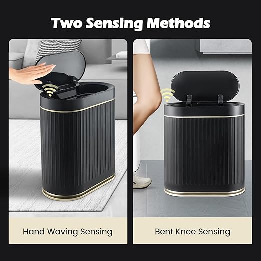 SYNCVIBE Bathroom Sensor Trash Can with Lid Automatic 2 Gallon Small Sensor Garbage Bin, 7.5 Liter Motion Sensor Smart Rubbish Bin Bathroom Decor, Slim Waterproof Plastic Garbage Can, Black Gold