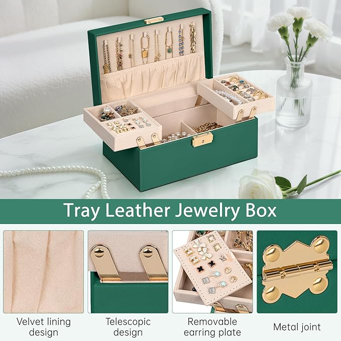 AKOZLIN Travel Jewelry Box Organizer Functional 2-trays Leather Jewelry Storage Case with Lockable Portable for Women Girls Ring Necklace Earring Bracelet