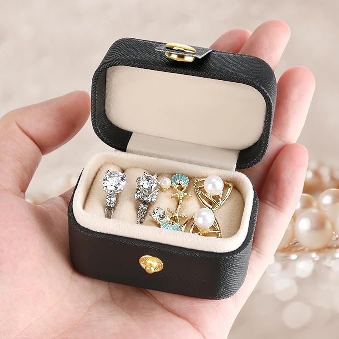 KUKUVR Small Travel Jewelry Box For Ring Stud Earring, Mini Jewelry Ring Holder for Multiple Rings, Portable Jewelry Storage Organizer Case (Black)