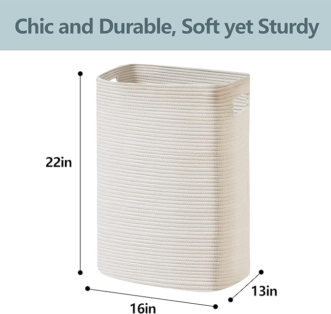 MEGASKET Large Laundry Hamper 16"x13"x22" - Tall Woven Laundry Basket, Cotton Rope Dirty Clothes Hamper, Baby Kids Nursery Wicker Laundry Basket, Bedroom Aesthetic, Soft Laundry Bin, White Hamper, 75L