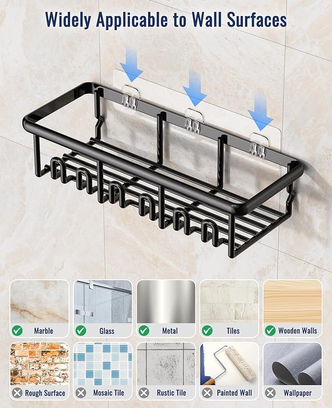 8 Pack Adhesive Rustproof Shower Shelves with Soap Dishes, Toothbrush Holder & Hooks, Large Capacity No-Drilling Shower Shelves Rack for Bathroom Organizers and Storage Accessories, Black