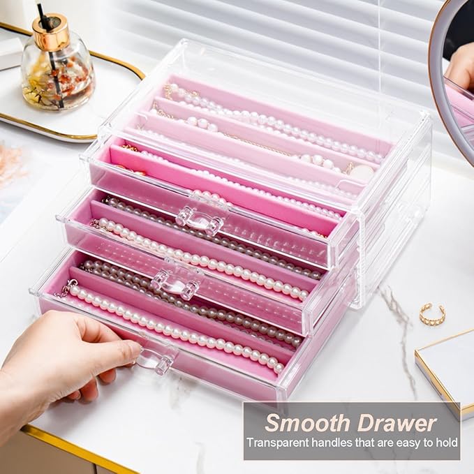 YUFONG Necklace Holder Organizer, Dustproof Necklace Box Velvet Necklace Organizer Box with Lid Clear Acrylic Dustproof Stackable Jewelry Displays for Necklaces Chain Display (Pink, 5 Drawer)