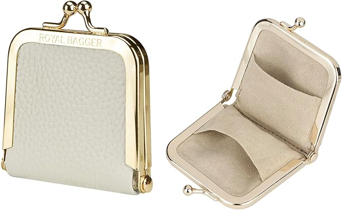 Royal Bagger Genuine Cow Leather Ultra-Slim Mini Jewelry Box, Ring & Necklace Storage, Slim Coin Purse with Kiss Lock for Women 3120 (White)