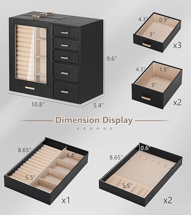 Homde Large Jewelry Box/Organizer/Case with Glass Window, Drawers for Necklaces Earrings Rings Bracelets Watches Gift for Women Girls