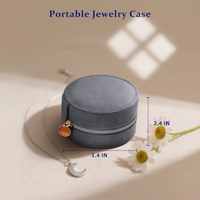 CONBOLA Travel Jewelry Case Small Jewelry Box for Women Girls,Round Velvet Mini Jewelry Travel Organizer,Portable Jewelry Box for Rings Earrings Necklaces Bracelets.(Grey,Small)