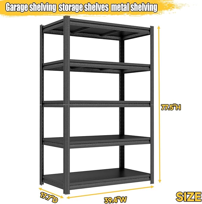 PRESTELION 78" H Garage Shelving 3500LBS Metal Storage Shelves 5-Tier Heavy Duty Shelf Adjustable Garage Shelving Units for Basement, Commercial, Warehouse, Industrial, Black