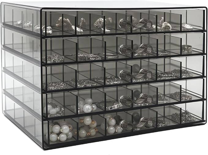 Clear Grey Acrylic Jewelry Storage Box, Earring Jewelry Organizer with 5 Drawers, 5-Layer Jewelry Box for Women, Earring Display Holder for Earrings Ring Bracelet Necklace, 120 Grid Storage Box