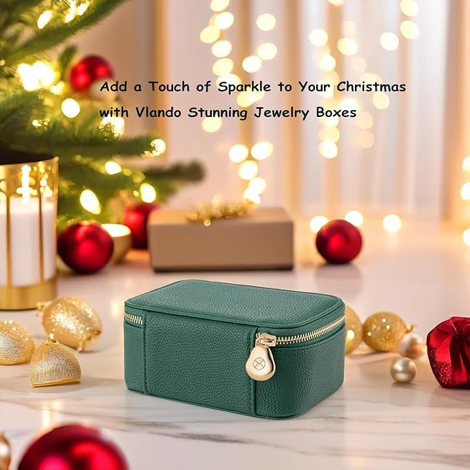 VLANDO Travel Jewelry Box Organizer – Portable PU Leather Jewelry Case with 6/8/12 Zippered Pouches, Compact Storage for Earrings Rings Necklaces Bracelets, Dark Green
