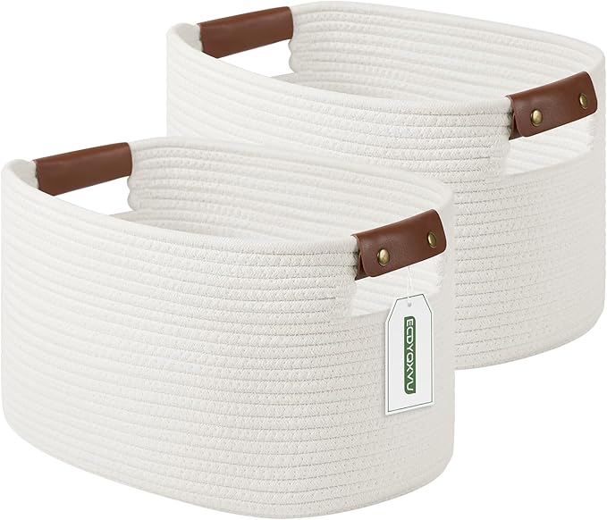 ECDYQXVU Cotton Rope Basket, Storage Baskets with Handle, 15x10x9 Inch Woven Basket for Shelves, Laundry, Towels, Clothes, Books (White 2Pack)