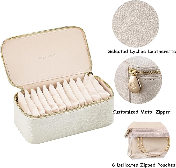 VLANDO Travel Jewelry Box Organizer – Portable PU Leather Jewelry Case with 6/8/12 Zippered Pouches, Compact Storage for Earrings Rings Necklaces Bracelets, Offwhite