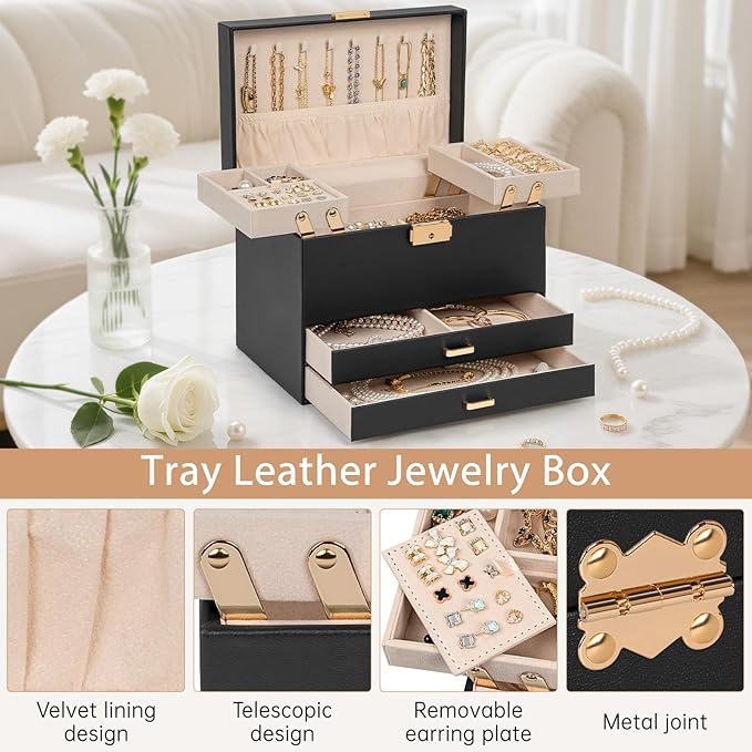 AKOZLIN Travel Jewelry Box Organizer Functional 2-trays Leather Jewelry Storage Case with Lockable Portable 2 Drawers for Women Girls Ring Necklace Earring Bracelet