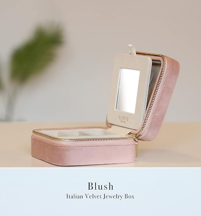 BLUTETE Travel Jewelry Box Organizer Velvet Travel Case With Mirror Ring Earrings Necklaces Storage Organizer Box (Blush)