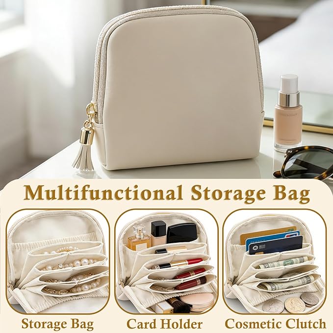 Ideal Swan Small Travel Jewelry Case, Valentines Gifts for Women, Portable Large-Capacity Tassel Jewelry Pouch Bags with Zipper, Beige Velvet Jewelry Organizer Storage Bag for Bracelet Rings Earring