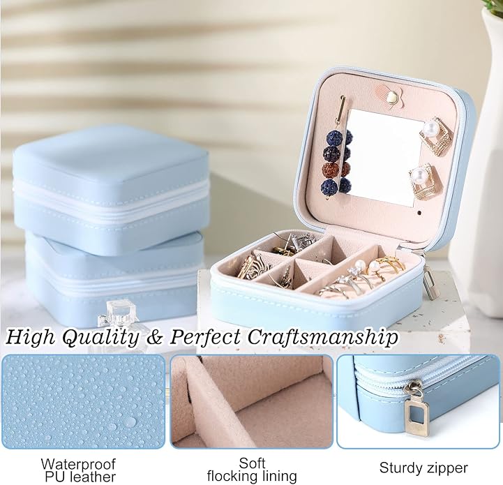 Hillban Bridesmaid Gifts Jewelry Box with Mirror, PU Leather Small Travel Jewelry Case Organizer Storage for Women Girls