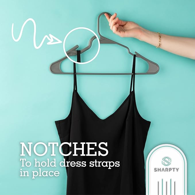 Sharpty Plastic Hangers Clothes Hangers for Clothing, Closet, Coats & Shirts - Notched, Durable & Space Saving - for Everyday Standard Use, Room Essentials & Basics - 20 Pack - Grey