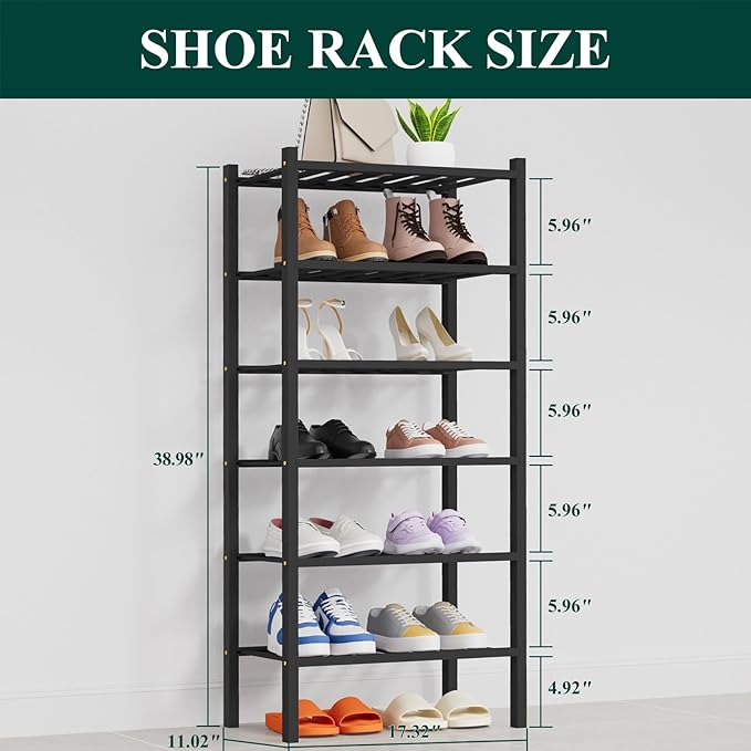 Smiry Shoe Rack, 6 Tier Thick Small Bamboo Shoe Organizer, Stackable Free Standing Wooden Shoe Storage Shelf for Closet, Entryway, Front Door Entrance, Black
