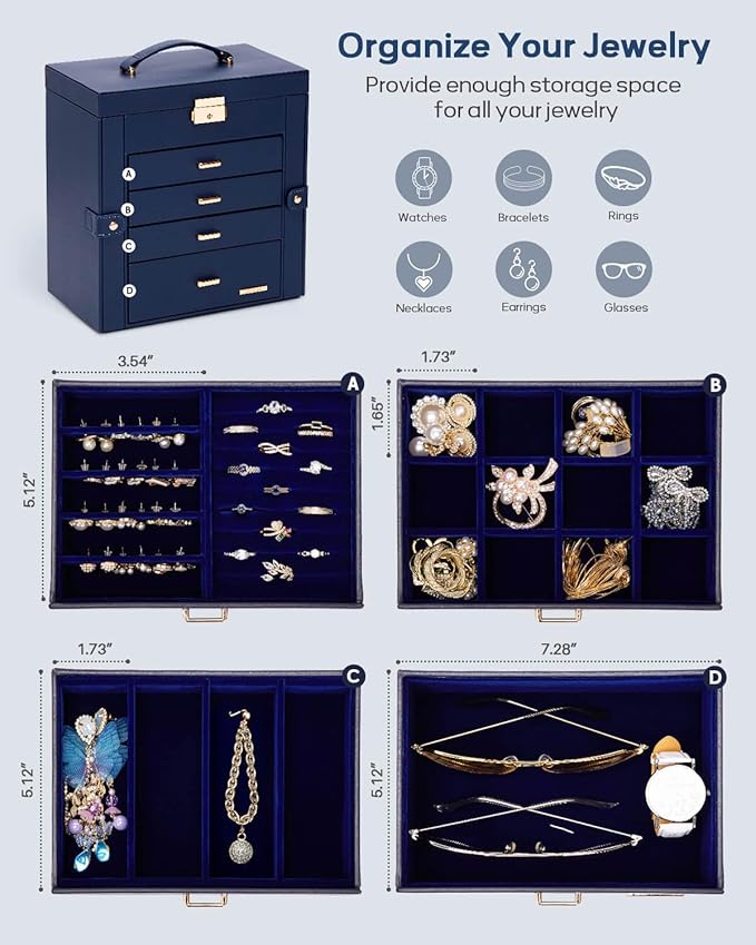 Homde Mothers Day Gifts Synthetic Leather Huge Jewelry Box Mirrored Watch Organizer Necklace Ring Earring Storage Lockable Gift Case (Dark Blue + Gold)