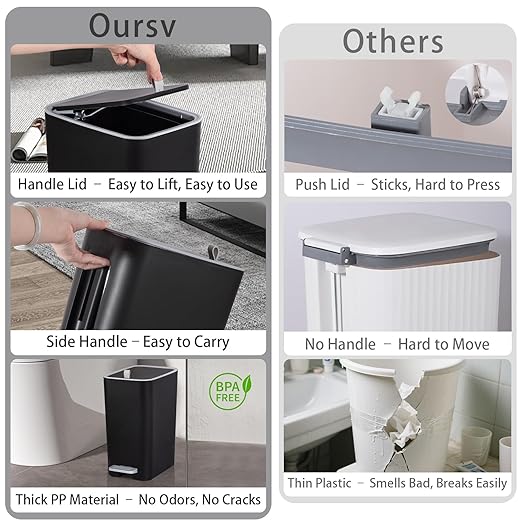 rejomiik Small Bathroom Trash Can with Lid, 2.1 Gallon Step Garbage Can with Handle, Slim Mini Wastebasket Bin for Bedroom, Office, Dorm, Black