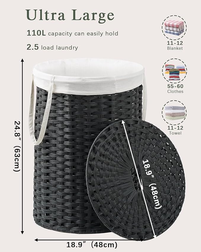 SETVSON Laundry Basket with Lid Round Rattan Laundry Hamper with Lid and Handles 29.1 Gal (110 L) Handwoven Woven Basket with Removable Bags and 2 Mesh Bags for Bathroom Living Room Black