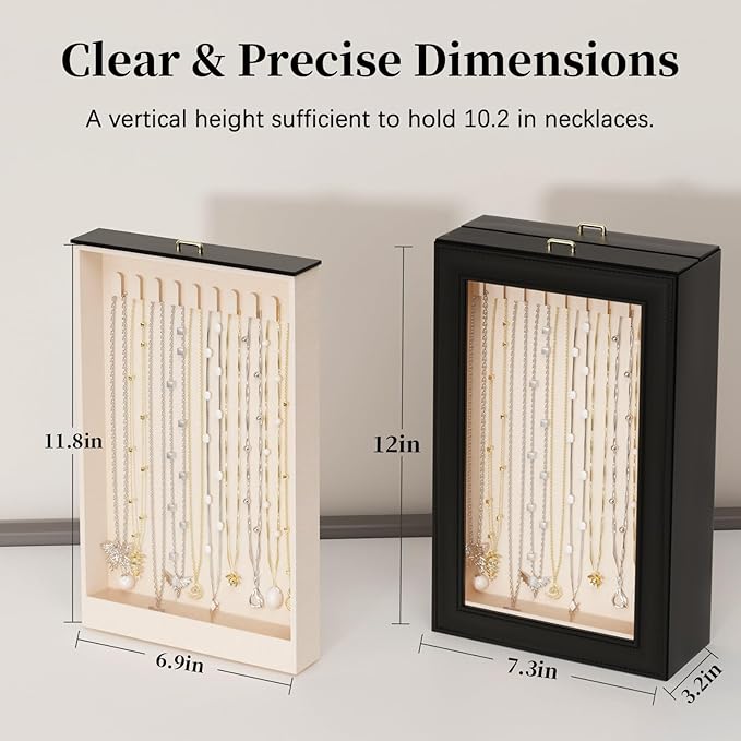 Necklace Organizer Box - 2-Layer Double-Sided Clear Lid Jewelry Storage Case, Anti-Tangle Necklaces Display Holder for Pendants Bracelets, Jewelry Organizer for Women Girls (Black)