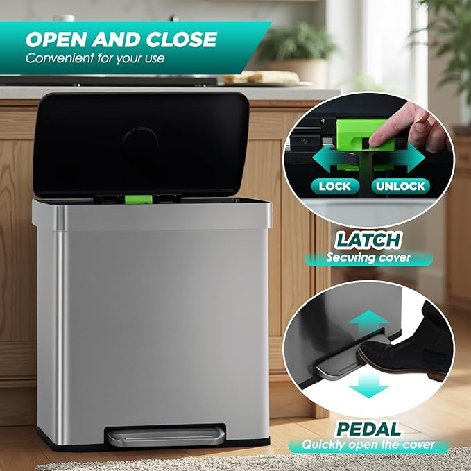FDW 16 Gallon / 60 L Garbage Can Kitchen Trash Can with Lid for Office Bedroom Bathroom Step Trash Bin Fingerprint-Proof Brushed Stainless Steel 16 Gallon / 60 Liter