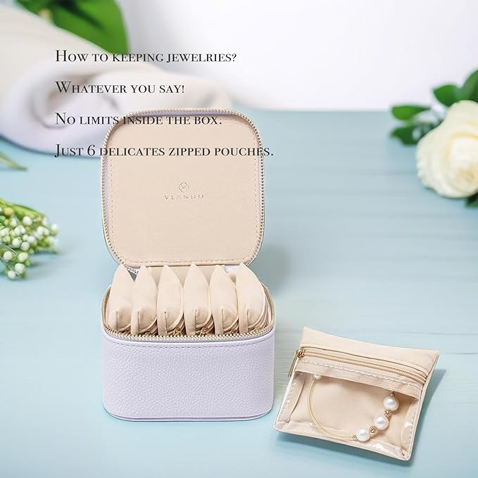 VLANDO Travel Jewelry Box Organizer – Portable PU Leather Jewelry Case with 6/8/12 Zippered Pouches, Compact Storage for Earrings Rings Necklaces Bracelets, Lilac Purple