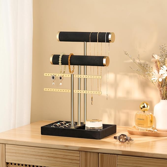 bussdis 3 Tier Bracelet Holder Display - Detachable T Bar Black Velvet Bracelet Holder, Jewelry Holder Organizer for Bracelet, Necklace, Earrings, Rings