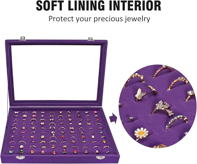 Vicoter Rings Organizer Tray 100 Slot Velvet Ring Earring Storage Box TranSparent Cover Jewelry Store Ring Display Box Jewelry Display Cabinet for Girl Wife Mother