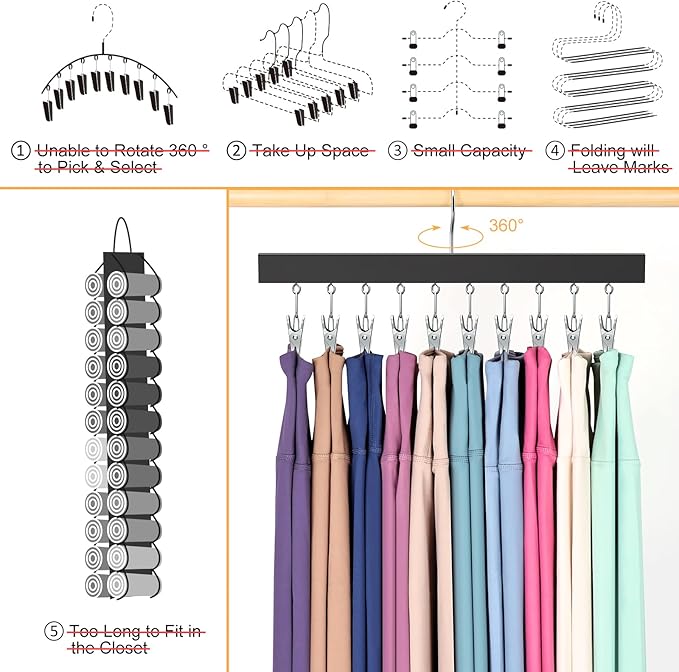 Legging Organizer for Closet, Pants Hangers with Clips Holds 20 Leggings, Jeans, Hats, Shorts, Socks, 360° Rotating Space Saving Hanging Clothes Organizer for Closet Storage 2Pcs