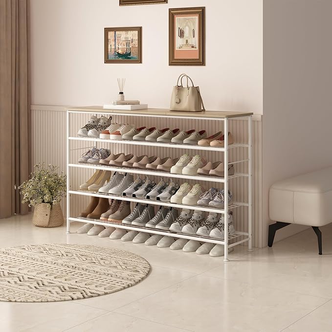 SUOERNUO Shoe Rack Organizer 5 Tier for Closet Entryway Free Standing Metal Storage Shoe Shelf with MDF Top Board (White+Oak, Large 5 Tier)