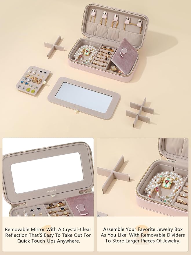 Travel Jewelry Case with Mirror, Quilted Small Jewelry Box Organizer for Women Girls, Portable Earring Necklace Bracelet Ring Holder Storage for Travel Weekend Trips (Blush Pink)