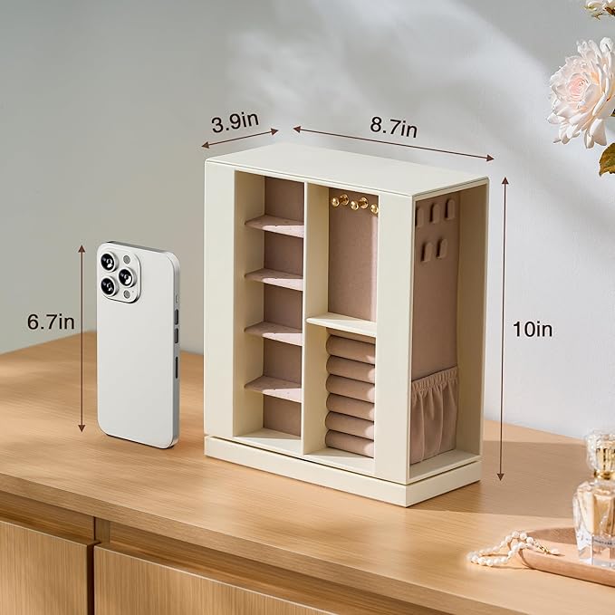 Jewelry Box Organizer for Women: 360 Rotating Vertical Storage Case, Ivory Leather with Pink Velvet, Ring Necklace Bracelet Holder, Gift Decor, 10 x 8.7 x 3.9 in
