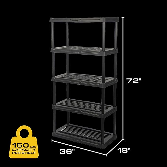 CENTREX CX 5-Tier (72”H x 36”W x 18”D) Plastic Storage Shelving Unit (Black), Heavy Duty, 150lbs Per Shelf Capacity, Indoor/Outdoor Storage and Organization in Home, Garage, Office with Easy Assembly