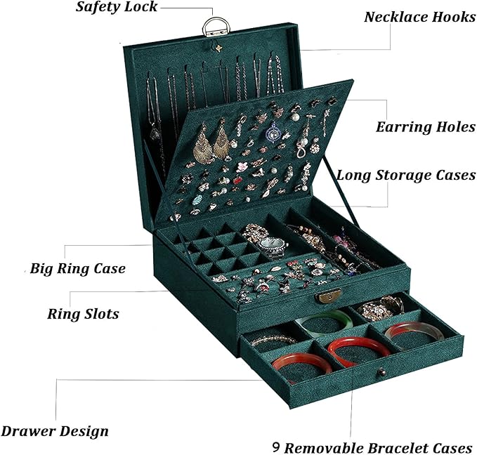 Women Jewelry Box Lockable 3 Layers Large Jewelry Organizer Storage Case for Earrings Necklaces Rings Bracelets,Green Display Jewel Holder (Green)