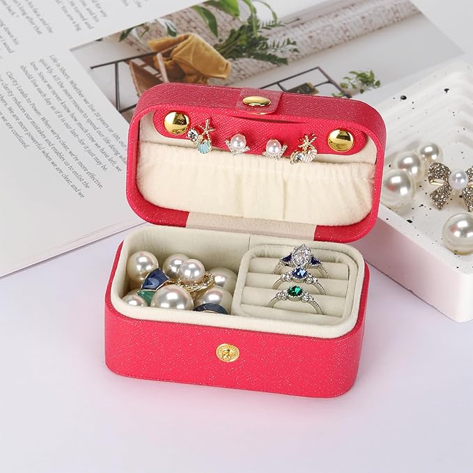 KUKUVR Small Travel Jewelry Box, Mini Jewelry Holder for Multiple Rings Necklace Earrings Lipstick, Portable Jewelry Storage Organizer Case with Removable Ring Slot (RED)