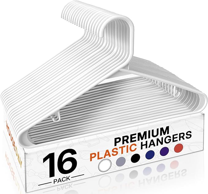 HOUSE DAY White Plastic Hangers 16 Pack, Space Saving Coat Hanger, Clothes Hanger with Non Slip Hooks, Plastic Clothing Hangers for Closet, Ideal for Everyday Use on Shirts, Coats, Pants, Dress
